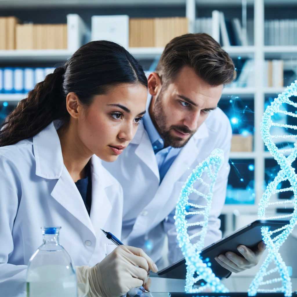Diverse healthcare professionals examining DNA model